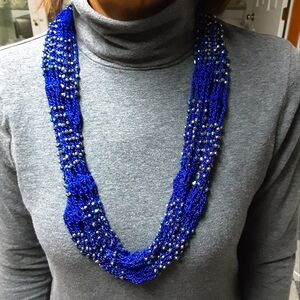 Infinity Necklace Loop Scarf, Fishnet Knit Shimmering Beads, Purple Lace